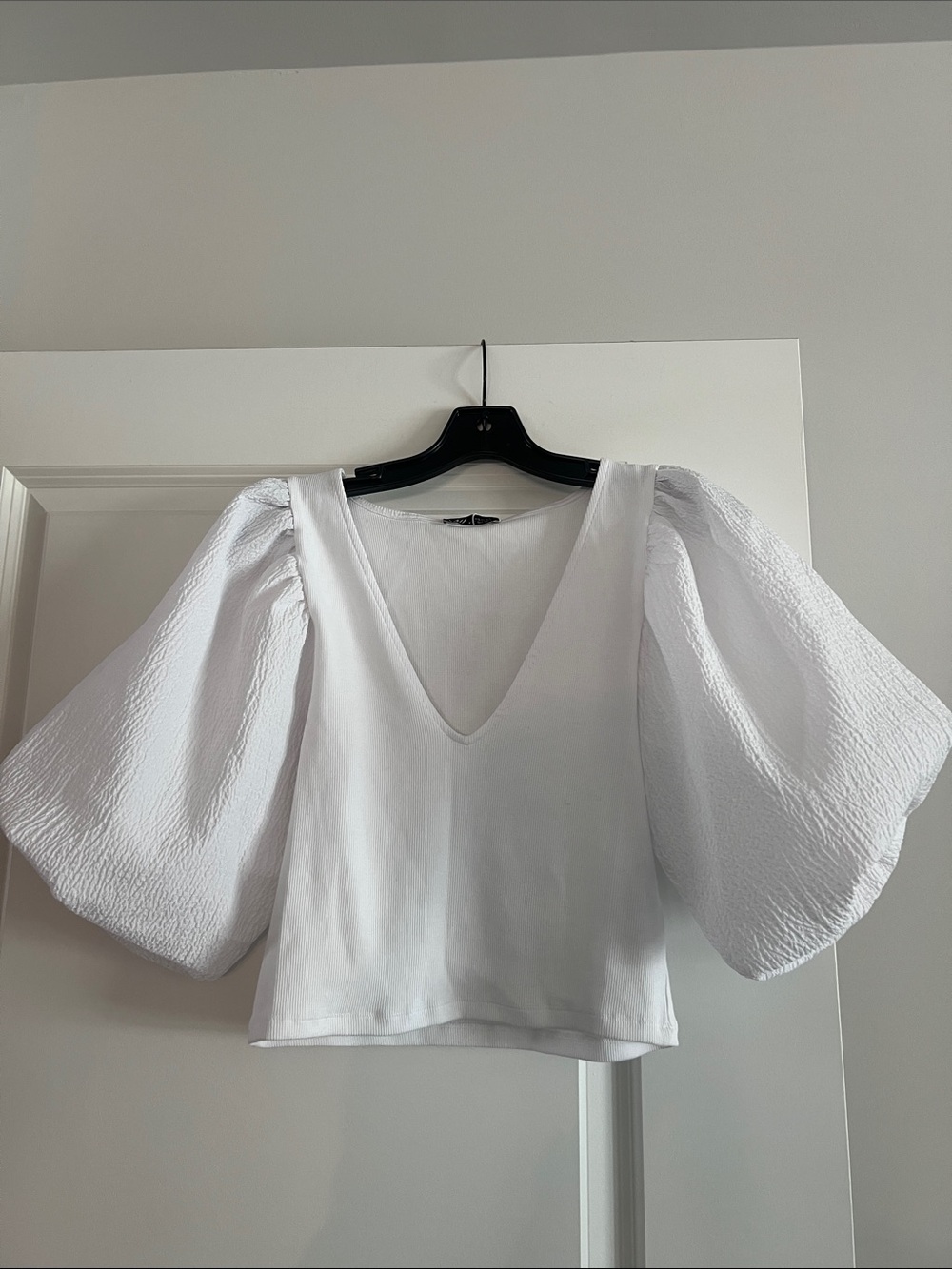 White V-Neck Puff Sleeve Women's Top